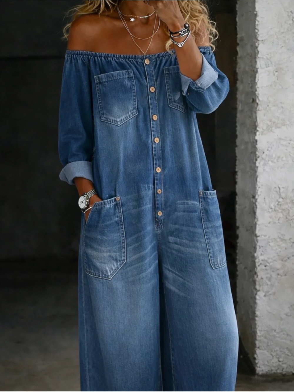 Brigitte & Diane Elana Off Shoulder Long Sleeve Jumpsuit - Picture 2 of 3